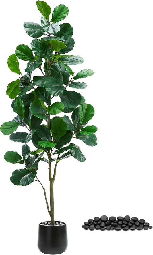 Artificial Fiddle Leaf Fig Tree：7FT Tall Faux Ficus Lyrata Plant Fake Fig Trees Realistic Green Silk Large Leaves with Natural Trunks & Pebbles in Black Planter for Indoor Outdoor Office Home.