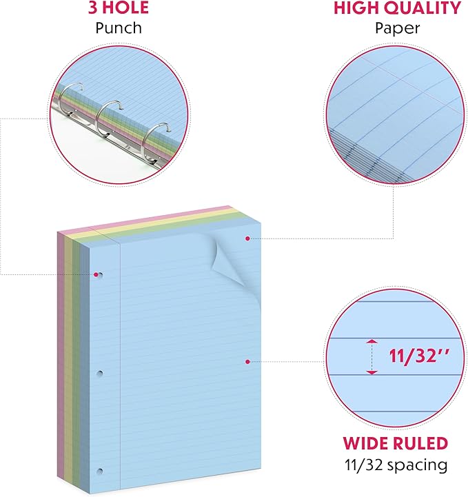 Colored Loose Leaf Paper, Wide Ruled, 400 Sheets (100/Pack) Filler Paper for Writing Notes - School, College, Office - 3 Hole-Punch Lined Sheets for Ring Binders, Pocket Folders - 8 x 10.5