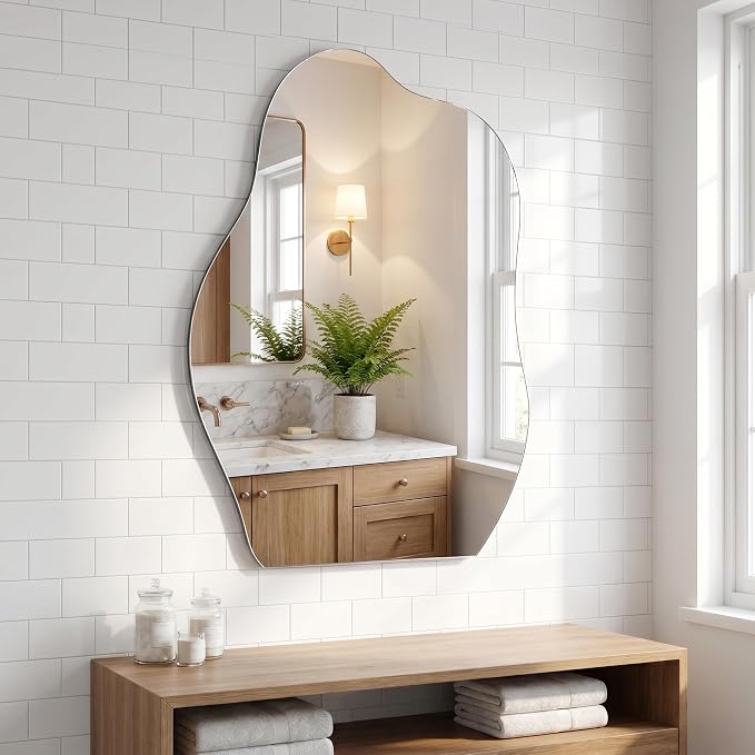 BEAUTYPEAK Asymmetrical Mirror, 20 x 28 Inches Irregular Wall Mirror, Wood Frame Unique Shape Wall Mounted, Decorative for Living Room Bedroom Entryway Hallway