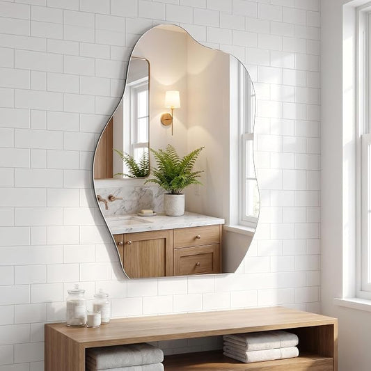 BEAUTYPEAK Asymmetrical Mirror, 20 x 28 Inches Irregular Wall Mirror, Wood Frame Unique Shape Wall Mounted, Decorative for Living Room Bedroom Entryway Hallway