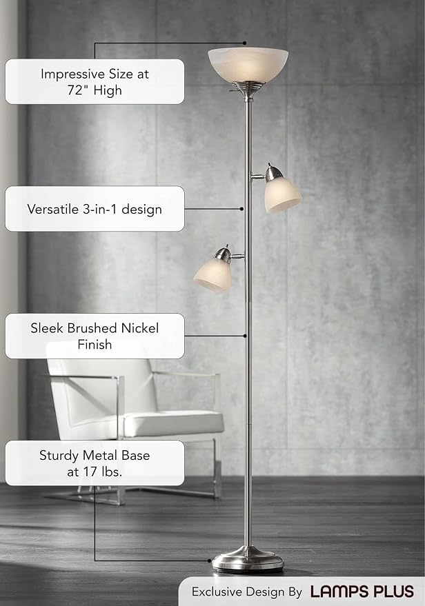 360 Lighting Ellery Modern Tree Torchiere Floor Lamp Standing 3-Light 72" Tall Brushed Nickel Silver Frosted White Glass Shade Decor for Living Room Reading House Bedroom Office