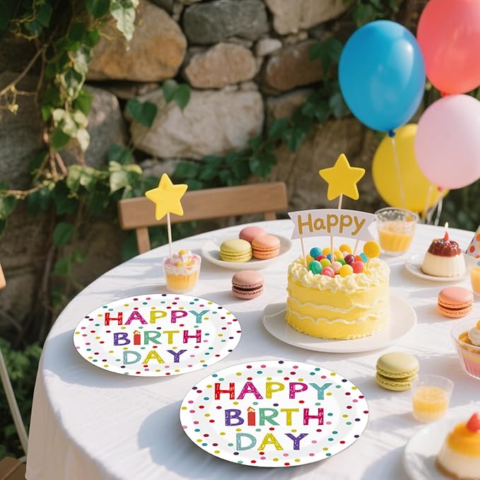 50PCS Happy Birthday Party Paper Plates 7 Inch, Disposable Colorful Polka Dots Cake Dessert Plates for Picnic Baby Shower Party Decorations (Birthday)