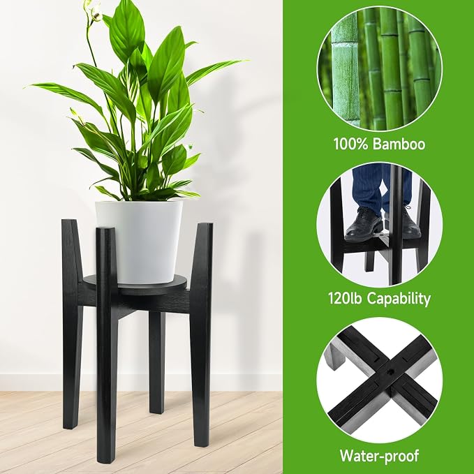 Adjustable Plant Stand with Tray,Indoor Wood Plant Stand Fit 8'' to 12'' Planter,Mid Century Modern Flower Pot Holder Rack(Plant and Pot Not Included),Black