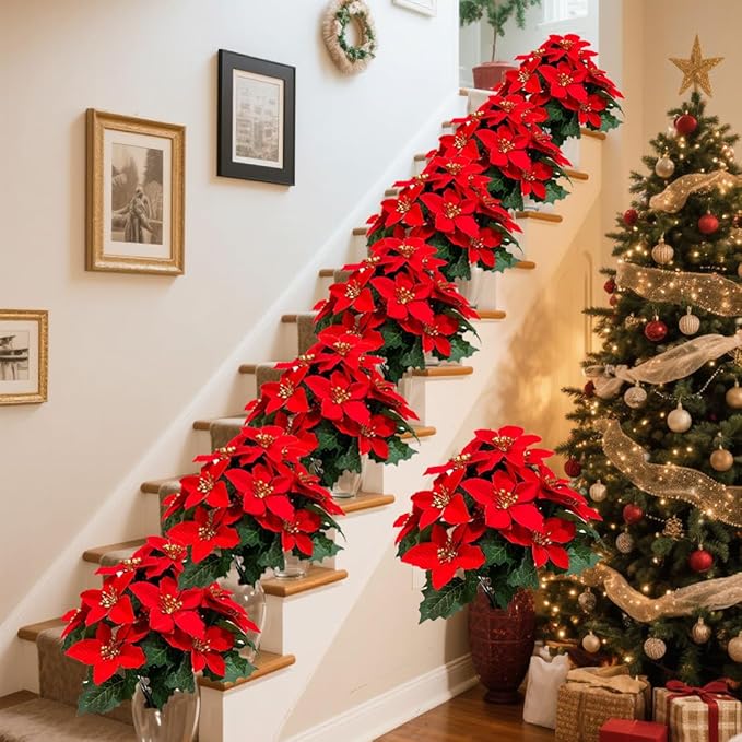 8 Pack 5 Heads Christmas Artificial Poinsettia Flowers Faux Poinsettia Bush Bouquets Silk Poinsettia Christmas Tree Ornaments Poinsettia Flower Arrangement for Home Decor