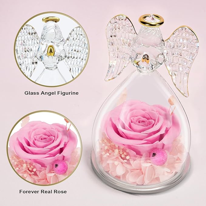 Yamonic Mom Birthday Gifts for Mom, Angel Figurines with Real Rose Gifts for Her Mom Grandma,Preserved Flowers Rose Angel Figurines for Mothers Day Christmas Anniversary Birthday Gifts for Her (Pink)