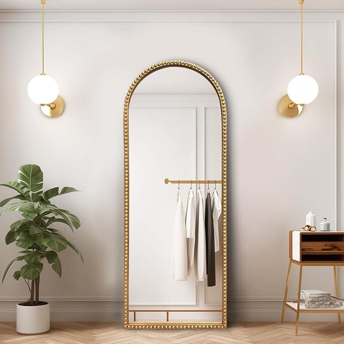 Gold Arched Full Length Mirror，Standing Floor Full Body Mirror with Beaded Frame Hanging or Leaning Wall 53"X20" Full Length Wall Mounted Mirror for Dressing Room Bedroom Entryway