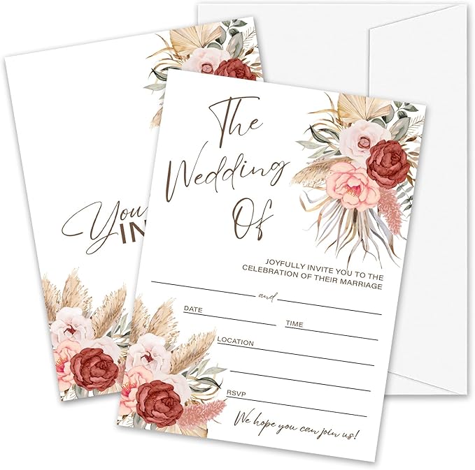 Boho Pampas Grass Wedding Invitations, 5"x 7" Floral Wedding Invites Card With Envelopes, 25 PCS for Party Decorations and Supplies - A07