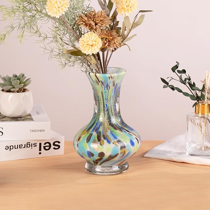 KAMMAK Colored Glass Vase, Beautiful Hand Blown Decorative Vase, Modern Art Vase for Flower Mantle Dining Table Centerpiece, Entryway Living Room Wedding Decoration, FH020