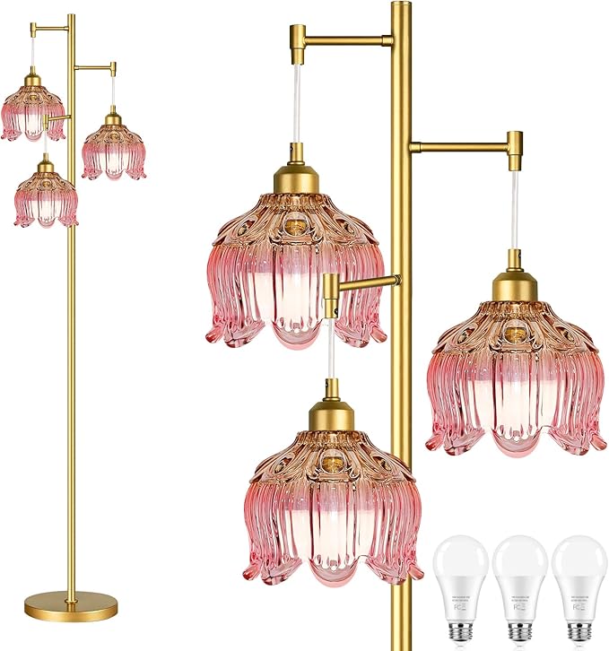 QIYIZM Pink Floor Lamp for Living Room,Bedroom,Gold Mid Century Modern Standing Lamp Brass Tree 3 Light Tall Floor Lamps Vintage Retro Floor Lights Glass Flower Lamp Shade Girls Kids Boho Bohemian