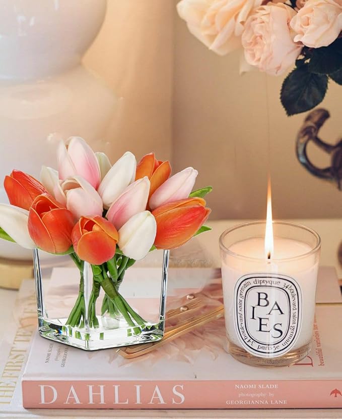DILATATA Artificial Tulips in Vase with Faux Water 5.5" Real Touch Mixcolor Flowers Fake Tulips Small Flowers Arrangement in Cube Glass Vase for Mother's Day Table Centerpiece Wedding Home Decor
