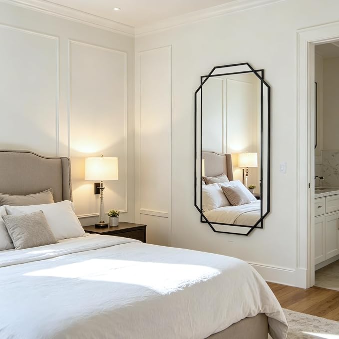 55"x28" Black Large Decorative Bathroom Wall Mirror for Wall with Metal Frame, Modern Octagonal Horizontal Mirror for Living Room, Bedroom, Entryway