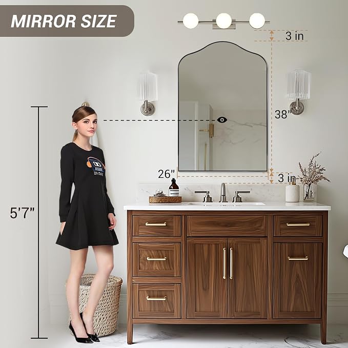 ANDY STAR Scalloped Arched Mirror, 26x38 Polished Chrome Irregular Bathroom Mirror for Vanity, Curved Top with Silver Rustproof Stainless Steel Frame, for Powder Room, Entryway, Bedroom, Fireplace