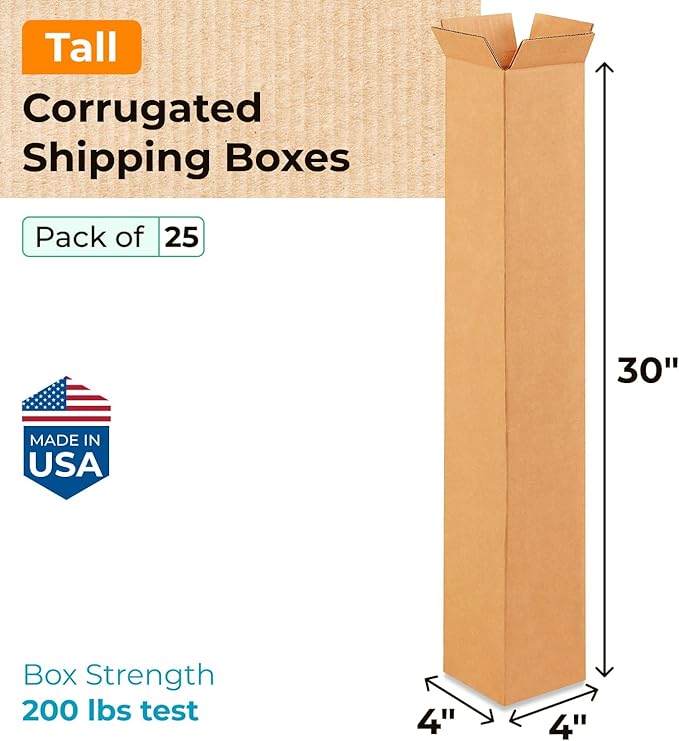 Tall Moving & Shipping Boxes 4"L x 4"W x 30"H (25-Pack) - Extra Strength 200 lb vs Regular - Corrugated Durable Boxes for Packaging Moving - Tall Cardboard Box - Box for Shipping by IDL Packaging