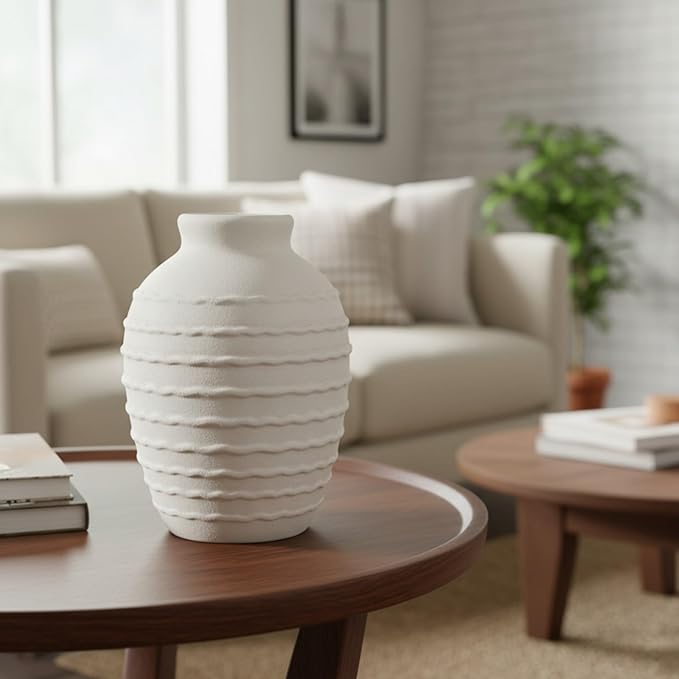 Ceramic Flower Vase 7.3 Inch Modern Farmhouse Vases Rustic Decorative Vase Home Decor Minimalist Handcrafted Pottery Terracotta Centerpiece Vases for Living Room,Bedroom,Table,Weddings,Office-White