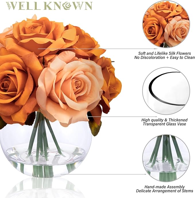 Artificial Flowers Arrangements in Vase with Faux Water, Artificial Orange Silk Rose Bouquet with Vase for Winter Seasonal Home Christmas Wedding Party Centerpieces Decor & Gift (Orange Champagne)