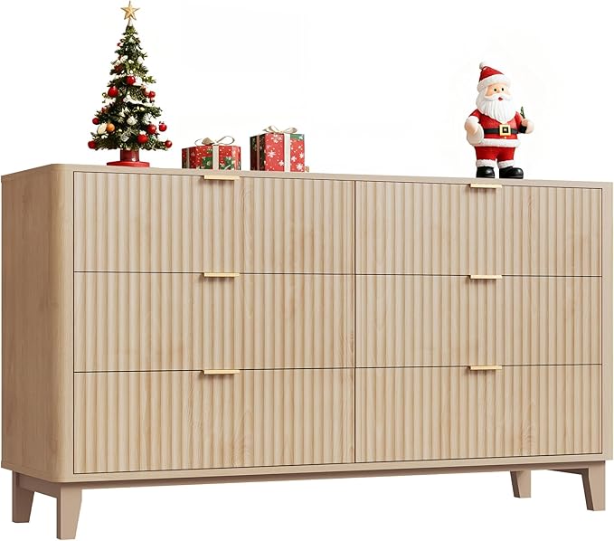 WLIVE Fluted Dresser for Bedroom with 6 Drawers, 54" Wide Wood Dresser with Metal Handles, TV Stand for 65 inch TV, Mid Century Modern Chest of Drawers for Living Room, Hallway, Closet, Natural Oak