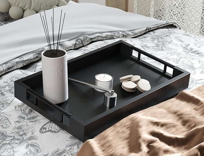Fibogollo Bamboo Serving Tray with Metal Handles,15x10in Ottoman Decorative Trays Platter for Coffee Table,Living Room,Bar,Party,Medium(Black)
