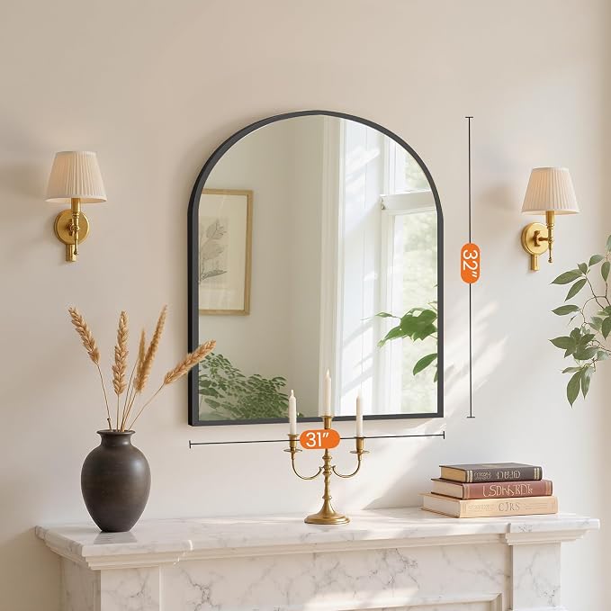 NEWBULIG 32X30 Inch Arched Bathroom Mirror for Wall, Vanity Bathroom Mirrors for Over Sink Tempered Glass, Anti-Rust Arched Metal Framed, Hangs Horizontally or Vertically, Farmhouse Home Decor, Black