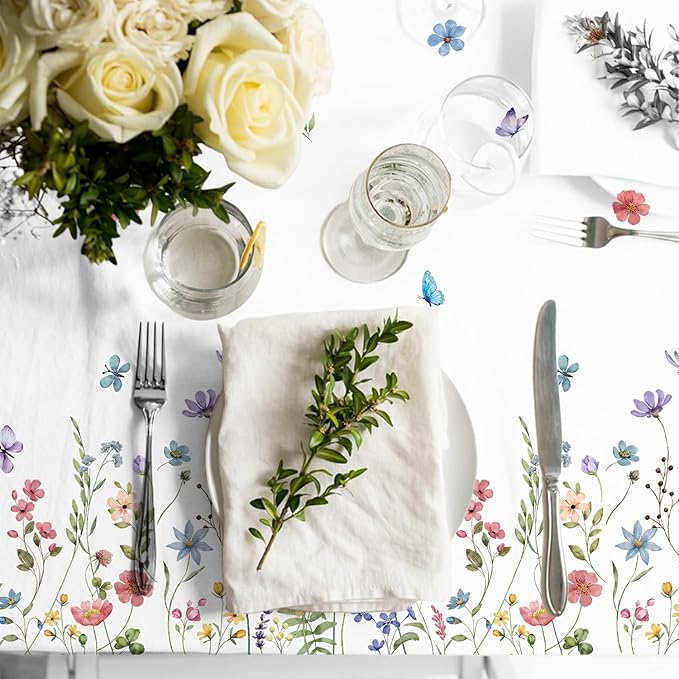 3 Pack Spring Floral Tablecloth, Wildflower Butterfly Plastic Table Cover for Easter, Birthday, Wedding, Tea, Wildflower Party Decorations, 54 x 108 Inch