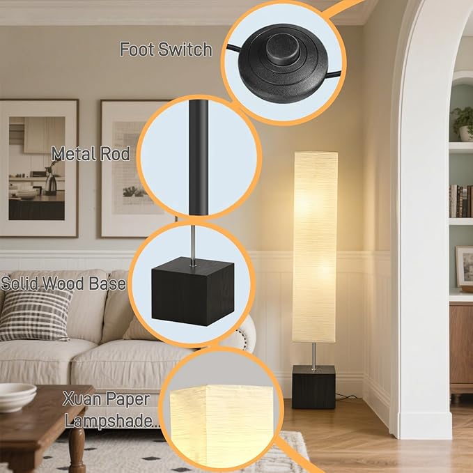 46" Floor Lamp, Modern Standing Lamp with Solid Wood Base & Xuan Paper Shade, Tall Reading Light with Foot Pedal Switch, E26 Bulb Compatible, Ideal for Bedroom, Living Room, Study