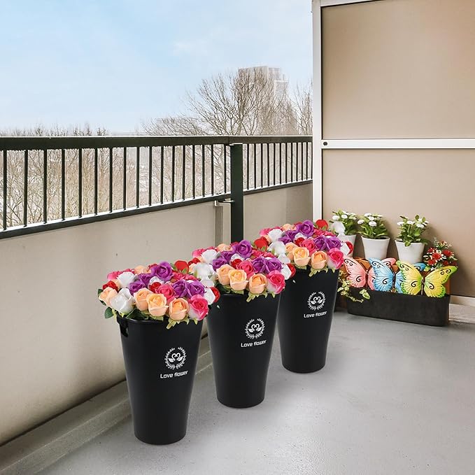 Yuright 16.02 Inch Black Tall Flower Bucket, 4 Pack Floral Display Buckets Plastic, Farmhouse French Flower Bucket with Cutout Handles