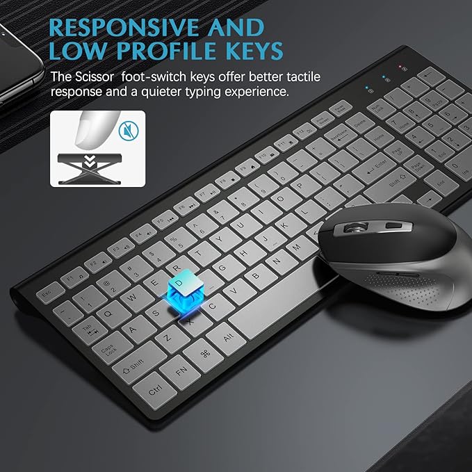Wireless Keyboard Mouse, J JOYACCESS Sleek and Ergonomic 2.4G Wireless Keyboard and Mouse Set,Portable and Comfortable for Travel Compatible withComputer/Laptop/Windows/Mac-Black/Silver