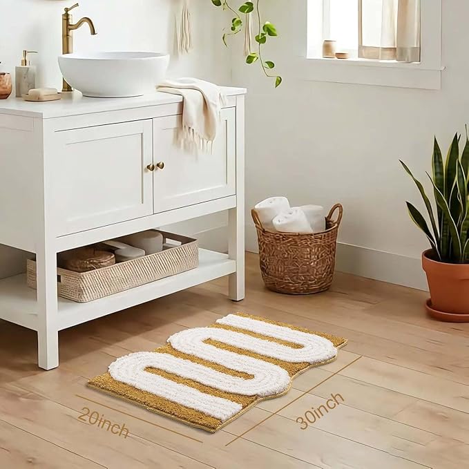 Unique Boho Bathroom Rugs, Cute Bath Mat with Funky Design, Fun Bohemian Decor for Bathroom Bedroom, Machine Washable Soft Non-Slip Bath Rug, 30" X 20", Mustard Yellow