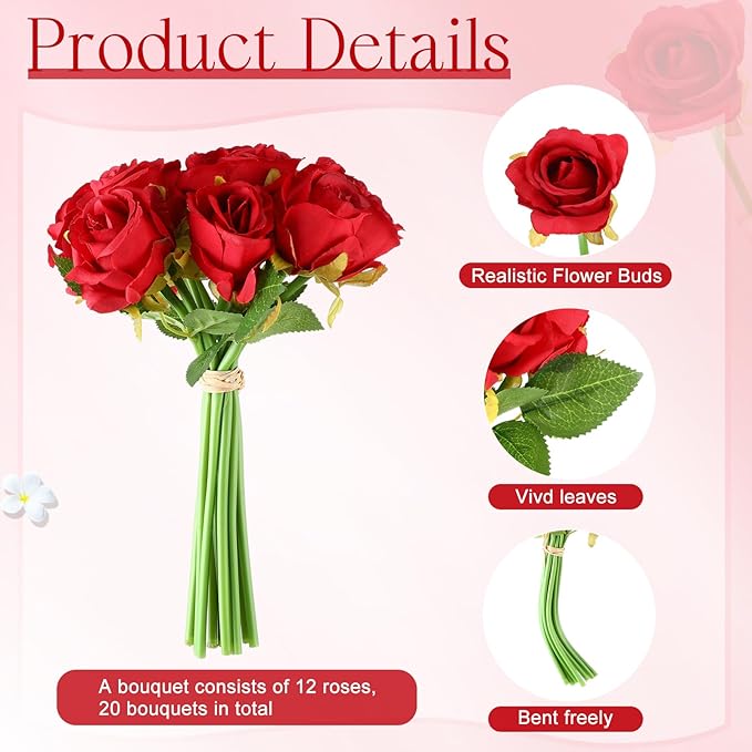 Jexine 240 Pcs Artificial Rose Flowers Bouquet Silk Realistic Flowers Bulk Centerpieces DIY Bride Fake Rose for Home Bridal Wedding Party Decorations(Red)