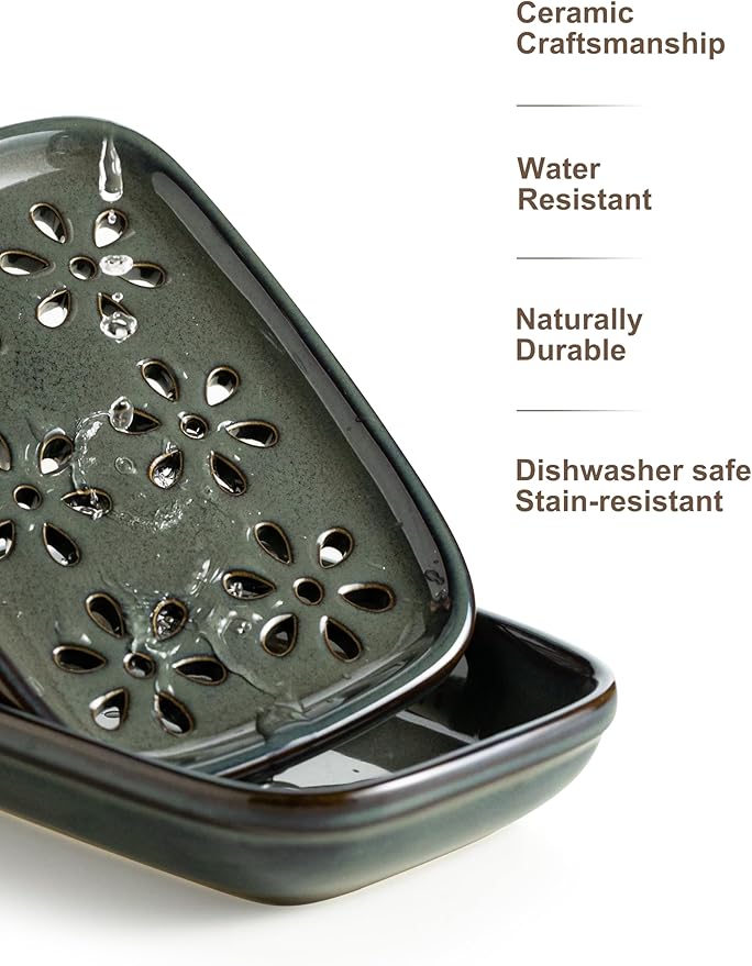 Miamolo Ceramic Soap Dish for Shower, Bar Soap Holder with 2 Layer Draining Soap Tray for Bathroom Sink Tub and Kitchen, Water Collection Tray Mess-Free Soap Dishes Container Saver, Gray Blue