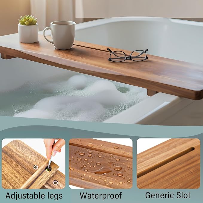 Premium Acacia Wood Bathtub Tray Caddy for Standard Tub, 29.5" L Adjustable Bath Tray for Tub, Luxury Spa Bathroom Tray Organizer Table, Bath Tub Accessories for Women, Housewarming, Birthday Gifts