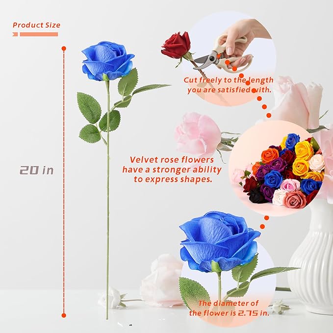12 Pcs Artificial Rose Flowers, Silk Roses with Long Stems, Realistic Fake Roses for Wedding Centerpiece Party Home and Office DIY Decor, Blue