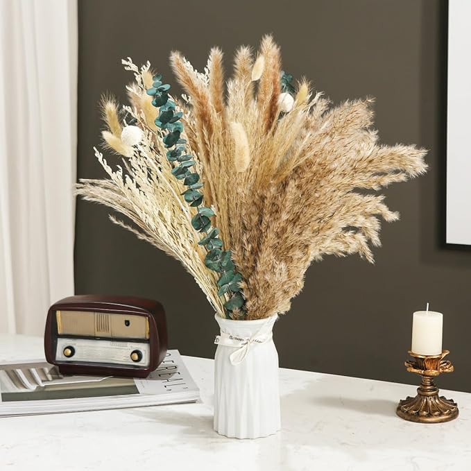 Musunny Dried Pampas Grass Decor ,17" Dried Flowers for Vase, Boho Dried Flower Bouquet with Eucalyptus for Farmhouse Home Room Office Décor