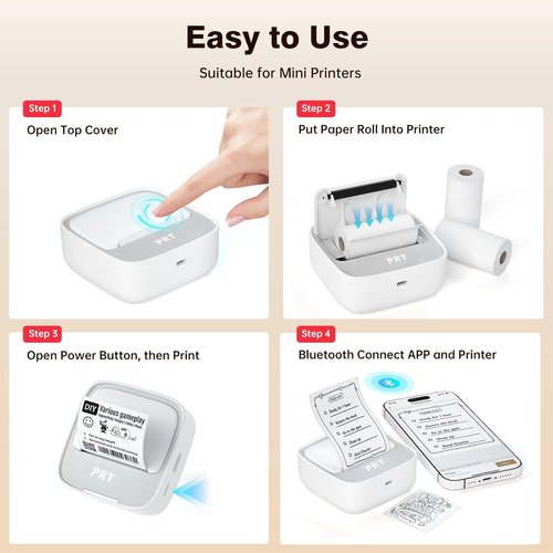 PRT Mini Thermal Sticker Printer - Bluetooth Portable Maker with 1 Roll Paper for DIY Labels & Notes