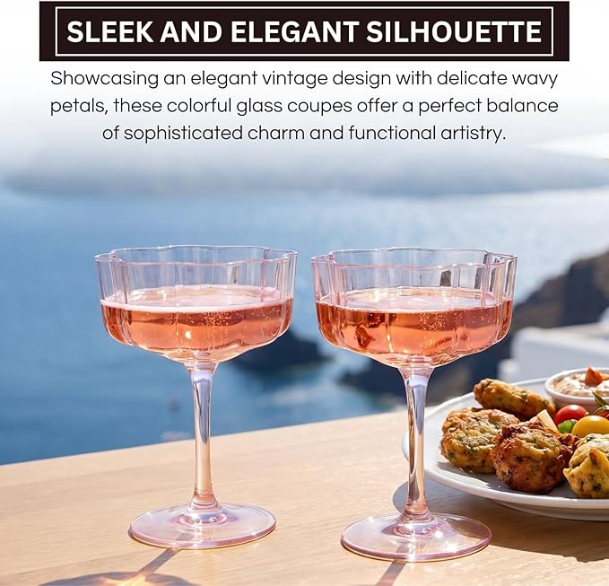 Flower Scalloped Vintage Wavy Petals Wave Glass Coupes 7oz Colorful Martini, Champagne & Cocktails, 4 Set Pink Rippled Champagne Glasses, Elegant Bar Glassware, Unique Aesthetic Coupe Glassware Gifts
