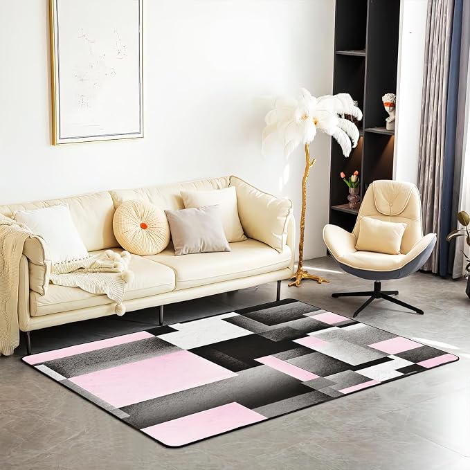 Abstract Pink Black Color Block Area Rug, Non Slip Living Room Rugs, Breathable Durable Carpet for Indoor Bedroom Conference Room Office Decor Rug - 4 ft x 6 ft