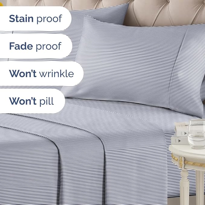 Blue and White Striped Sheets - 1 Flat & 1 Fitted Sheet & 2 Pillowcases w/ Deep Pockets - Cozy, Wrinkle & Fade Resistant - Ultra-Soft, Breathable and Cooling - Luxury Pinstripe Bedding - King Size