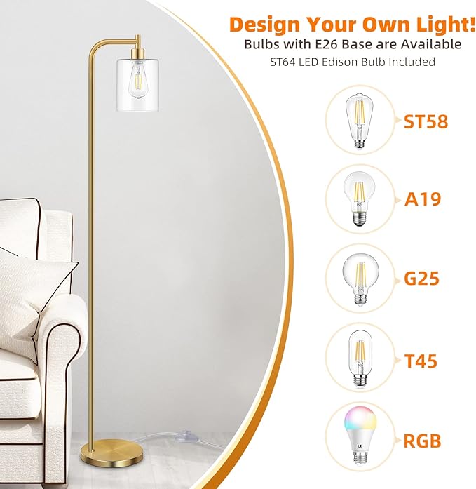 Industrial Floor Lamp with Hanging Glass Shade Brass Gold Farmhouse Indoor Pole Light with Edison E26 Base Vintage Rustic Standing Tall Lighting for Living Room Bedroom Office( ST64 Bulb Included)