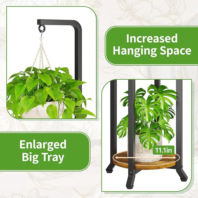 KMOTASUO Black 2 Tier 61.5 Inch Plant Stand Indoor with Hanging Ring, Tall Large Heavy Duty Metal Vertical Rack for Multiple Planter, Sturdy Rustic Corner Flower Shelf Holder Organizer for House Patio