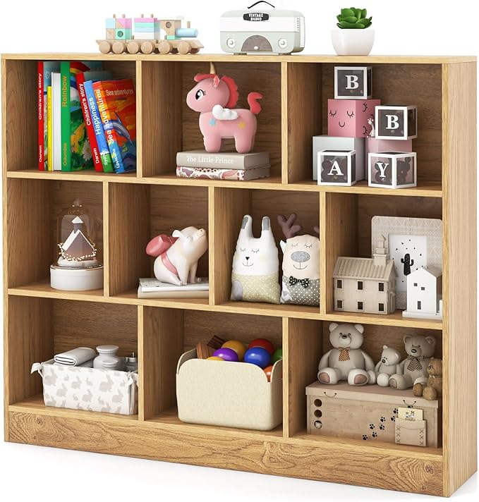 HONEY JOY Kids Toy Storage Organizer, 10-Section Wooden Floor Storage Cabinet, 41” Daycare Toy Chest, 3-Tier Kids Display Bookshelf for Classroom, Playroom & Nursery, Kindergarten (Natural)
