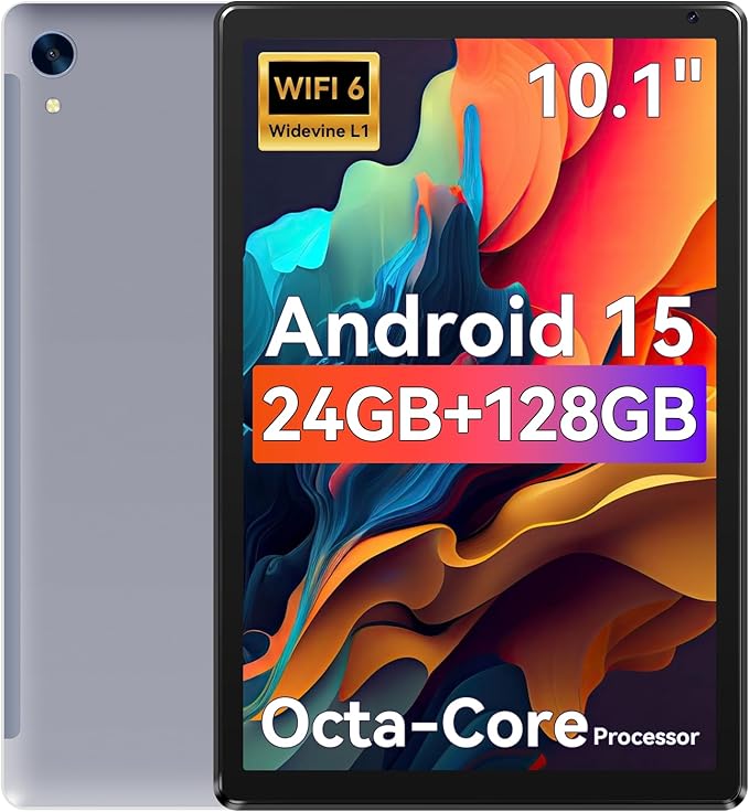 URAO Tablet,10.1" Android 15 Tablet with Octa-core Processor 24GB RAM 128GB ROM HD IPS Touchscreen 8H Battery, Wi-Fi 6, BT 5.0, Dual Camera, Android Tablets