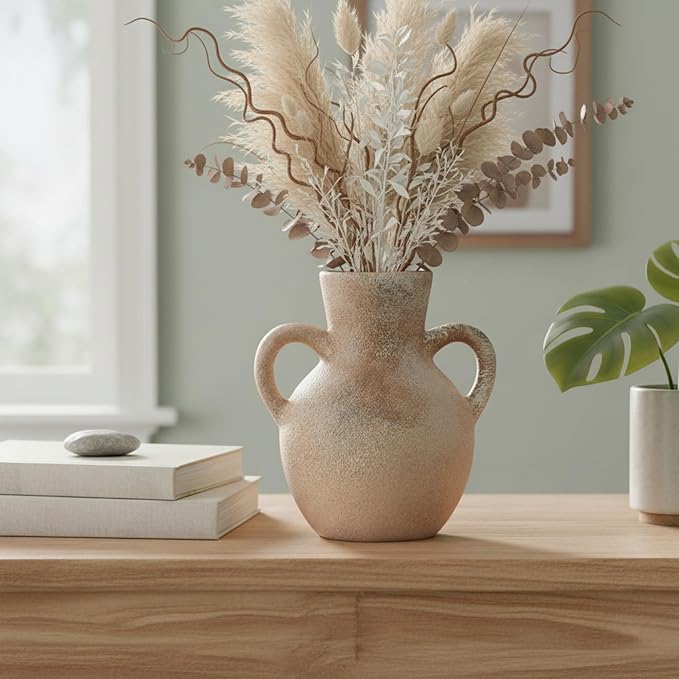 Ceramic Flower Vase with Handles,7.5 Inch Rustic Farmhouse Vases Home Decor for Living Room,Handmade Pottery Terracotta Vintage Vase for House Bedroom Decorations for Dining Table Shelf Decor Office