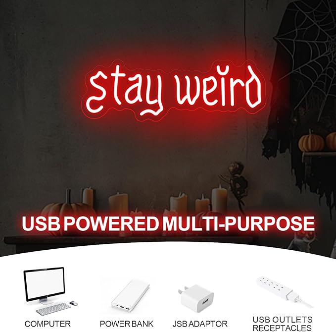 Stay Weird Neon Sign, Gothic Decor, Skeleton Hand Neon Sign, Vintage Font,Dark Art Decor for Bedroom, Living Room, Man Cave, Bar, Game Club, Living Room Birthday Party-Red