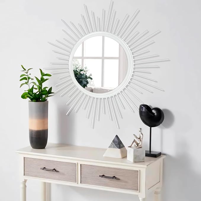 Mirrors for Wall Sunburst Decor Art Mirror Bohemian Home Round Modern Metal Mirror for Bedroom Living Room Hallway Bathroom Balcony Farmhouse White 24" x 24"