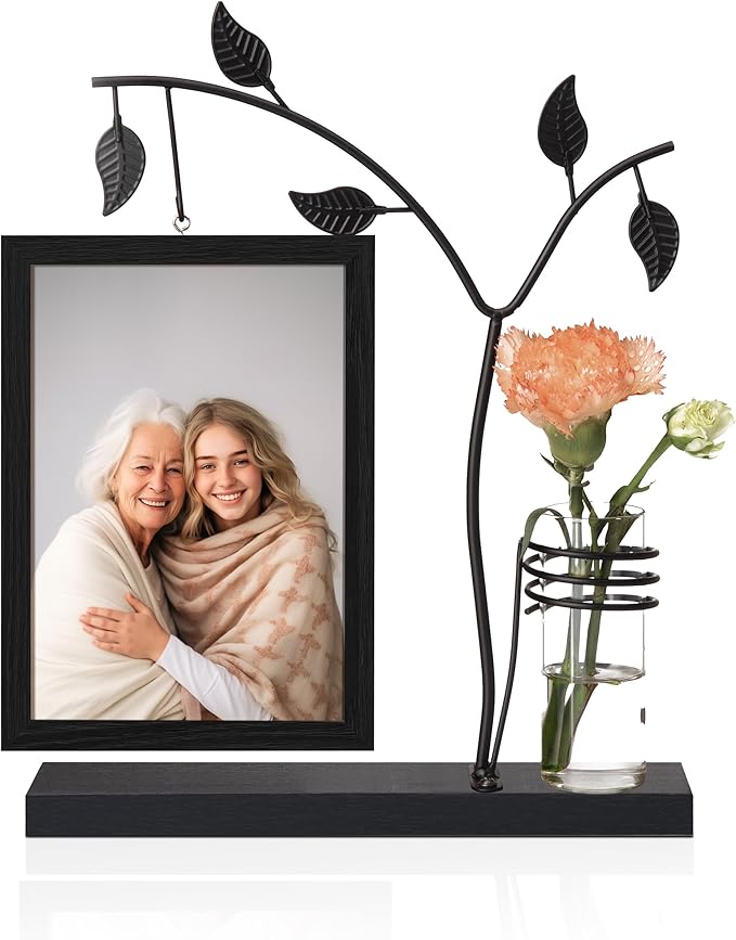 Afuly 5x7 Picture Frame Black Family Picture Frames with Metal Tree Stand Glass Vase Modern Desk Photo Frame for Double Sided Glass Display Wedding Birthday Gifts for Women Couple Mom