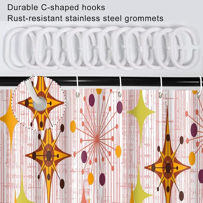 Mid Century Shower Curtain, 72x78inch, Modern Abstract Retro Red Striped Geometric Shower Curtain Sets 1950s Boho Bathroom Shower Curtain with 12 Hooks