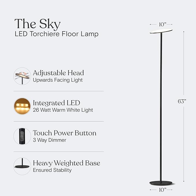 Brightech Sky LED Floor lamp, Torchiere Super Bright Floor Lamp for Living Room Decor & Office - Dimmable, Tall Standing Torch Lamp with Warm Light for Bedroom & Reading - Black