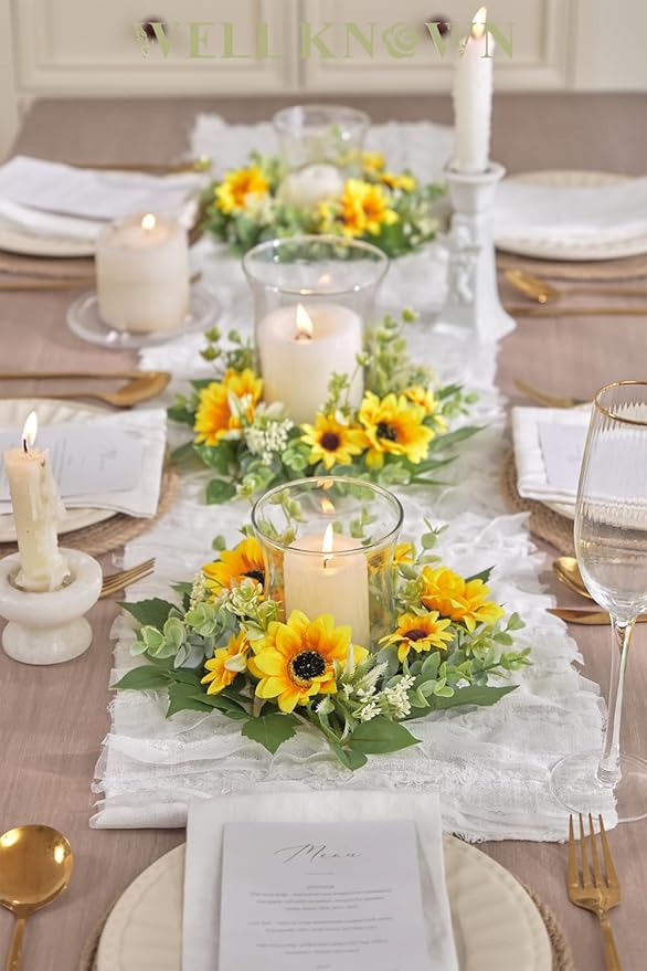 WELL KNOWN 2 Pcs Mini Spring Floral Candle Rings Wreaths for Pillars Home Table Window Decor, 9 Inches Artificial Flower Cabinet Wreath for Kitchen Farmhouse Wedding Party (Yellow Sunflower)