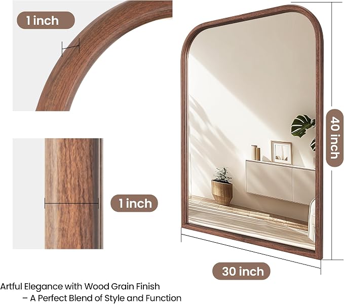 30"x40" Arch Wall Mirror Bathroom Mirror for Wall Mounted, Tempered Glass, Wood Grain Finish Frame Wall Mirror Decorative for Bedroom Living Room Entryway