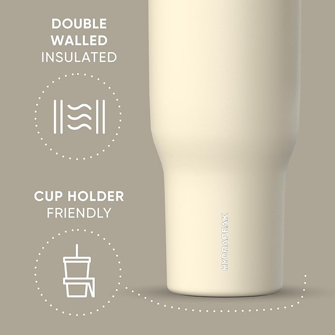 Hydrapeak Voyager 40 Oz Stainless Steel Tumbler with Handle, Insulated Water Bottle With Straw & Lid, Cupholder Friendly Reusable Travel Mug (Modern Cream)