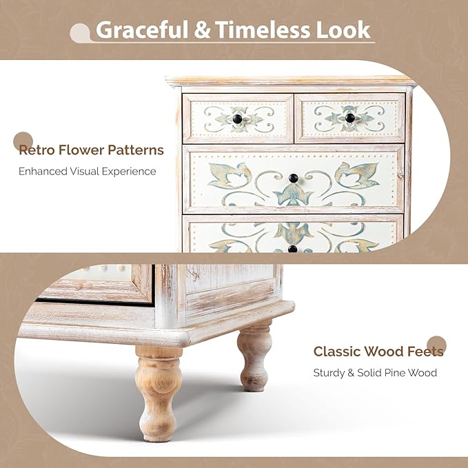 VINGLI Dresser Wood Chest of Drawers for Bedroom, Tall Dresser 6 Drawer Chest Boho, Wooden Dressers with Drawers and Solid Wood Legs, Rustic Washed White